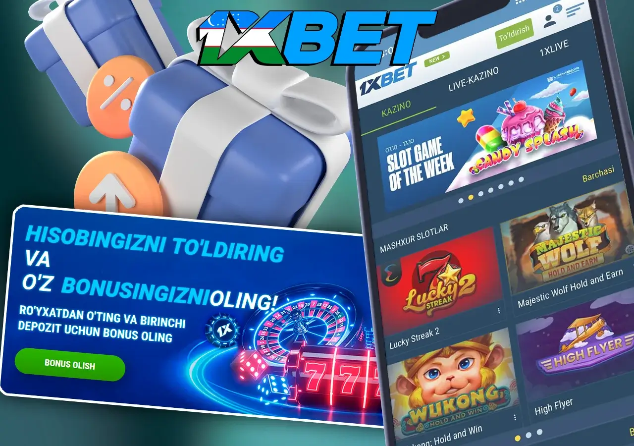 1xBet kazinosining telefon raqami yonida bonusli qalqib chiquvchi xabar ko'rsatiladi
