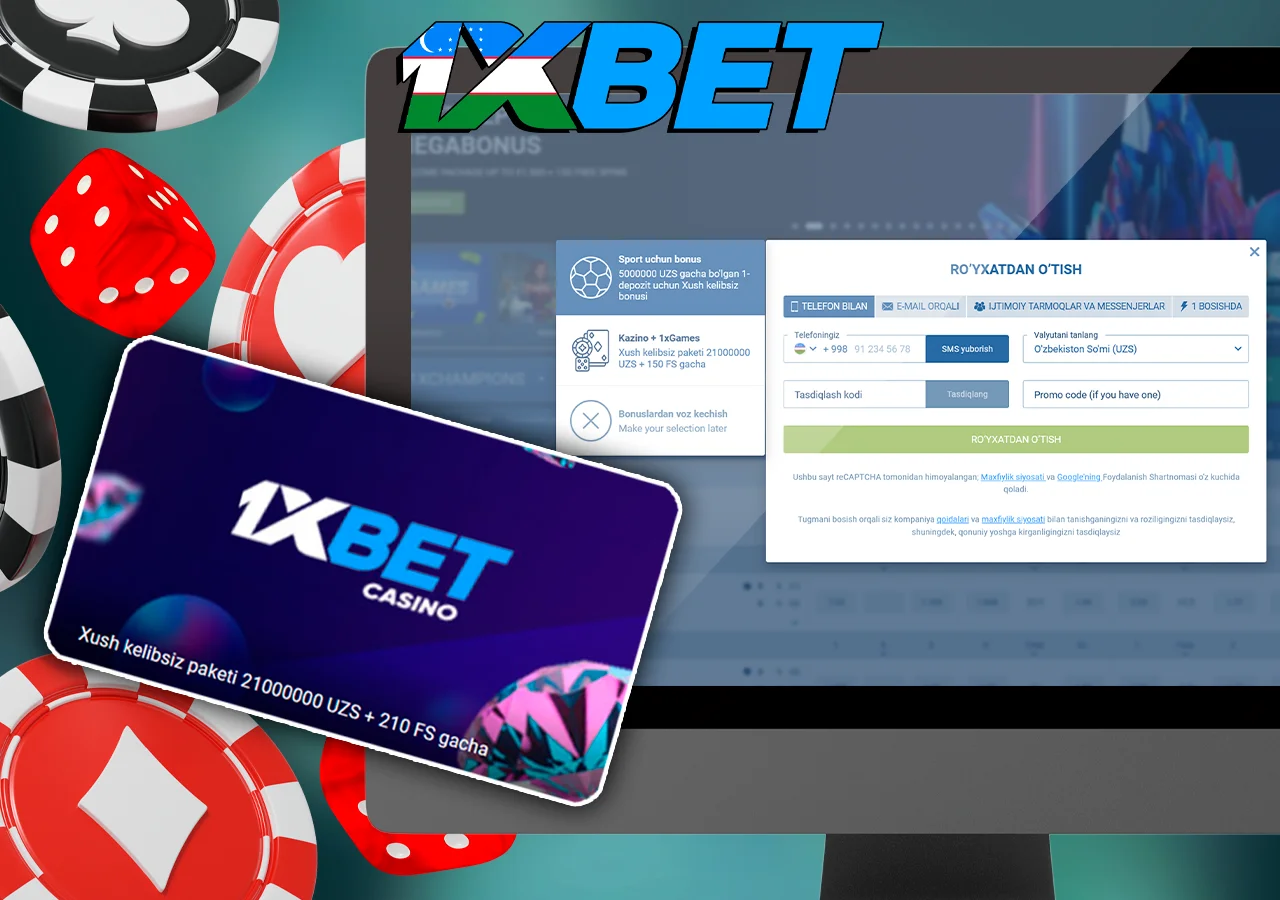 Monitor 1xBet uchun ro'yxatdan o'tishni ko'rsatadi, uning yonida xush kelibsiz bonusi mavjud